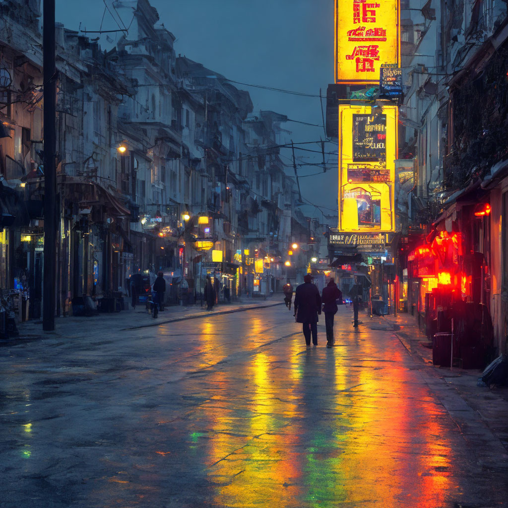 City street scene: Rainy evening, reflective pavements, neon signs, silhouettes of people