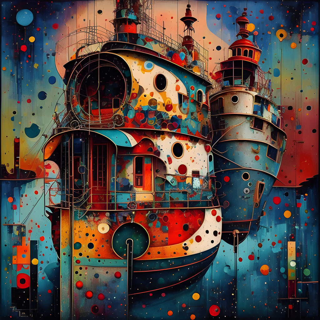 Colorful abstract artwork of whimsical ships on dark, starry backdrop