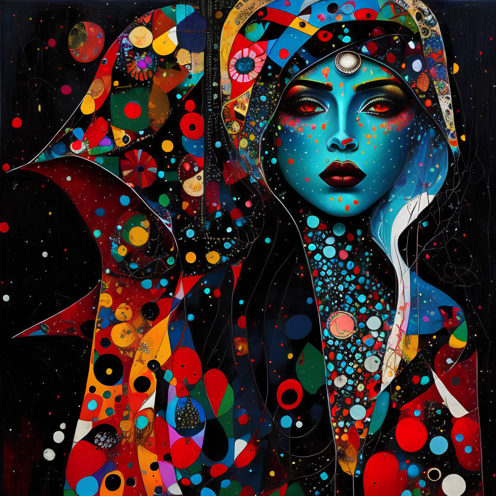 Colorful artwork featuring stylized woman with blue skin and celestial motifs