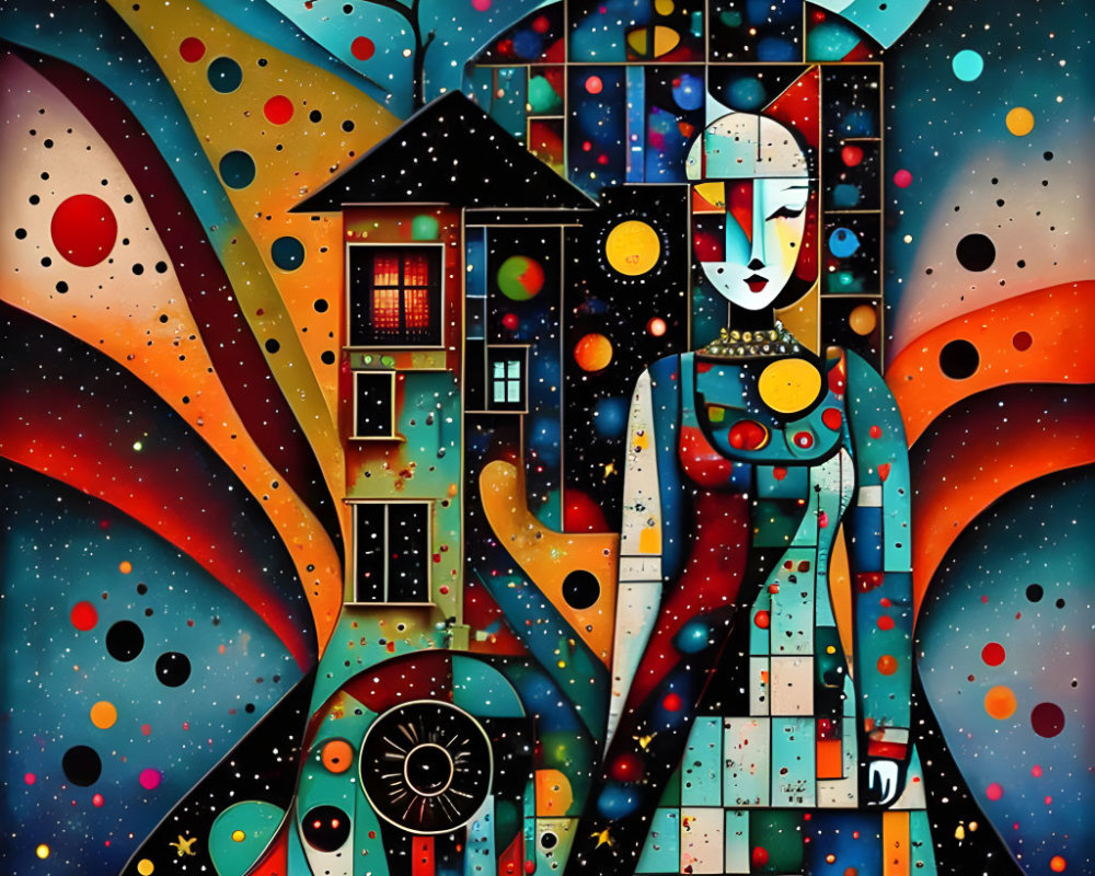 Vibrant Cubist-style painting of a woman with architectural elements and cosmic backdrop