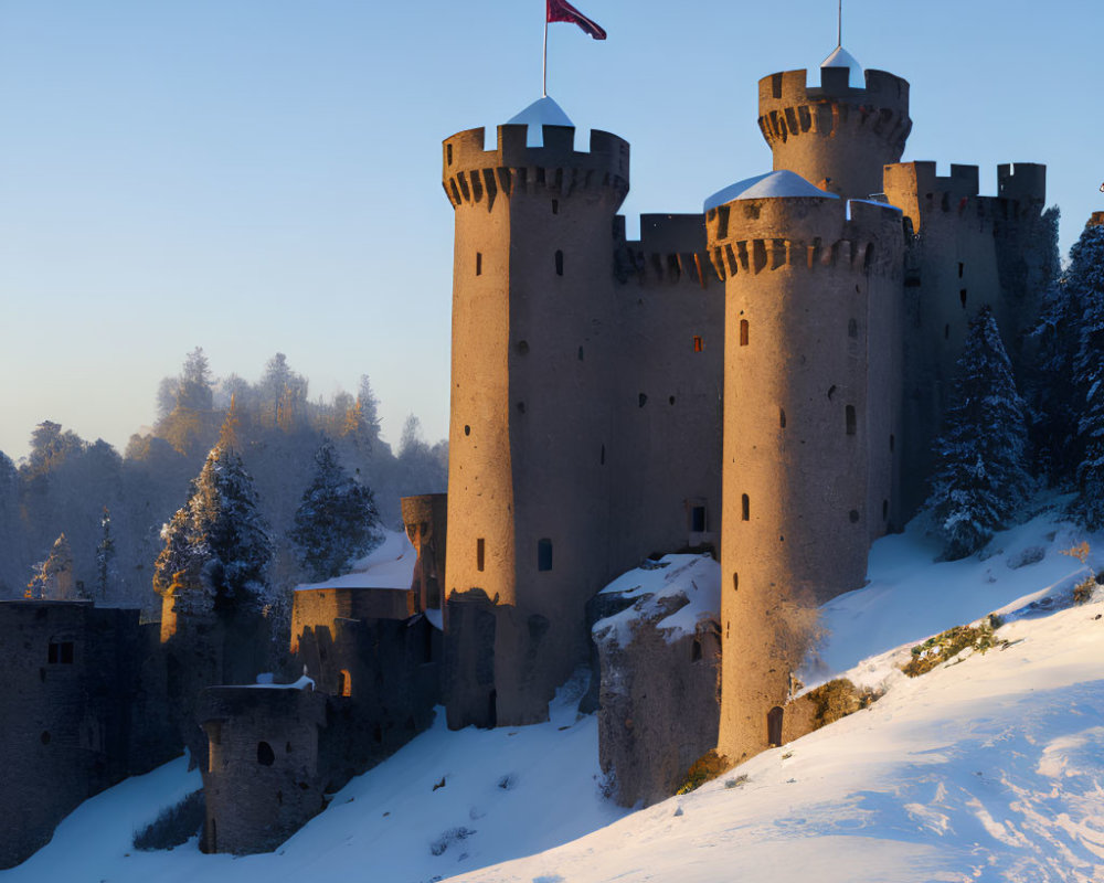 Medieval stone castle with turrets and flags in snow-covered landscape at sunrise or sunset