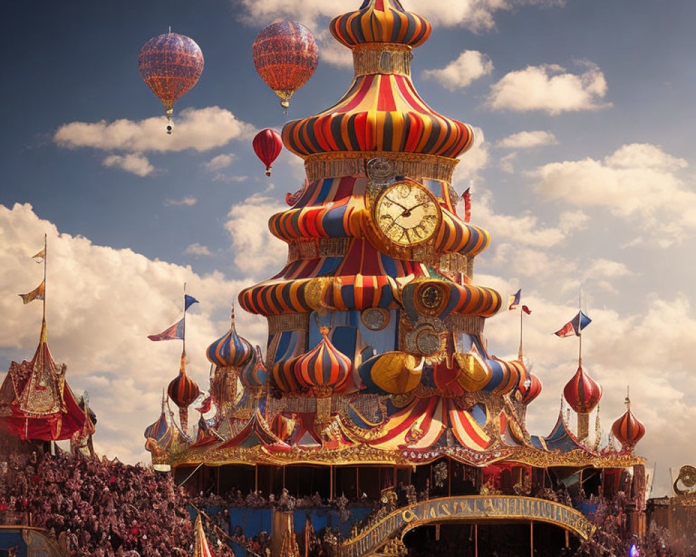 Colorful Pagoda-Style Carousel Amid Hot Air Balloons