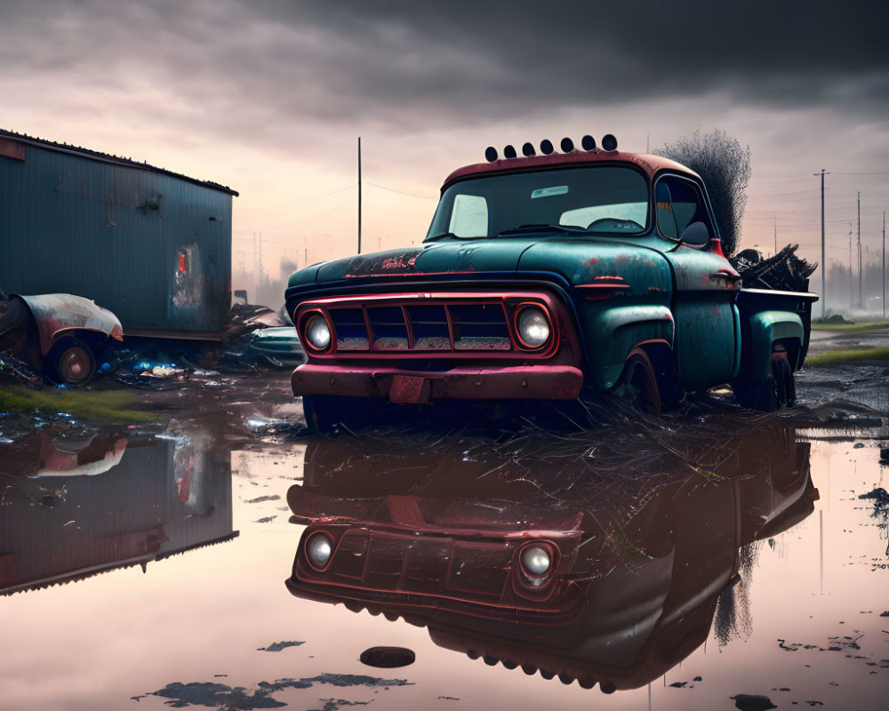 Vintage Turquoise Truck in Rusty Detail Near Puddles on Overcast Day