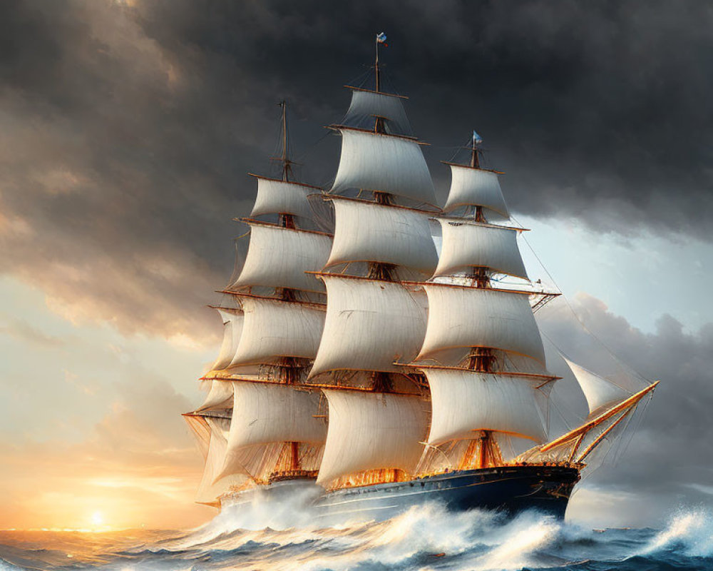 Sailing ship with unfurled sails in rough seas at sunset