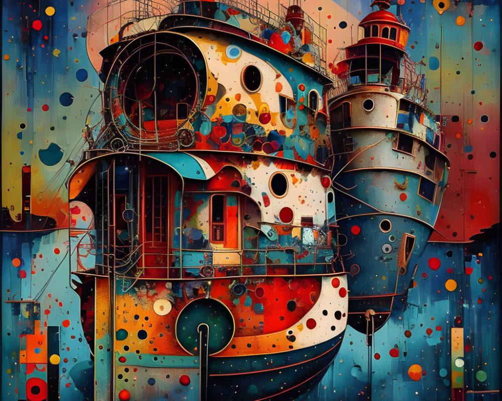 Colorful abstract artwork of whimsical ships on dark, starry backdrop