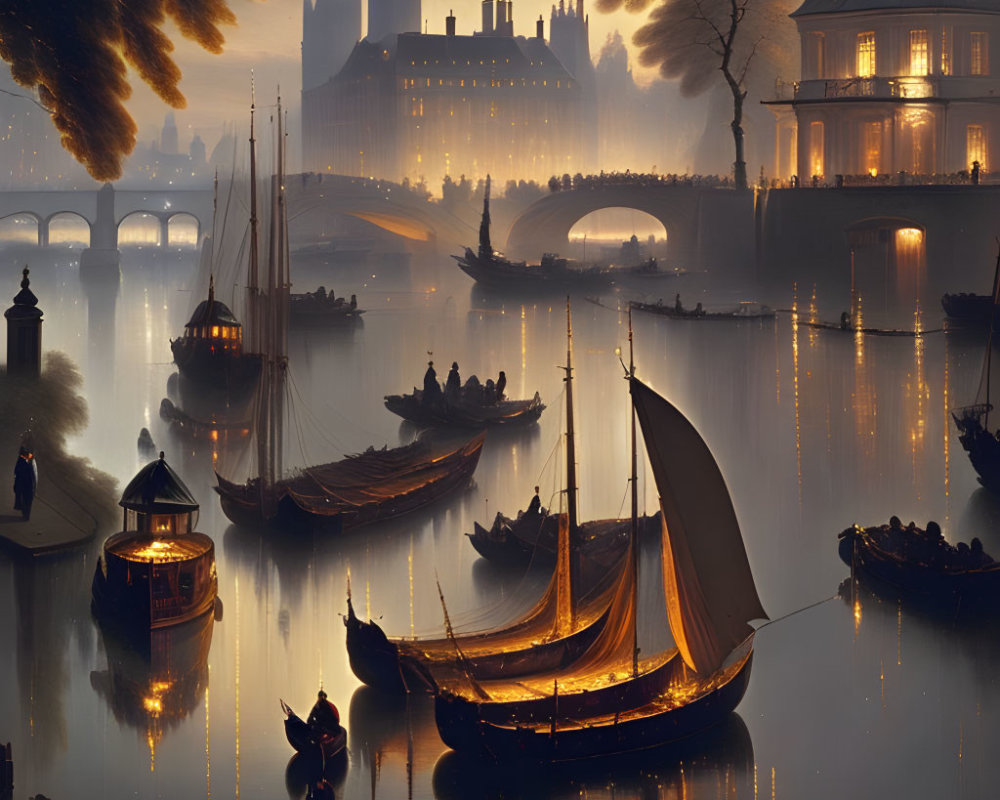 Misty river scene at dusk with boats and old-world buildings