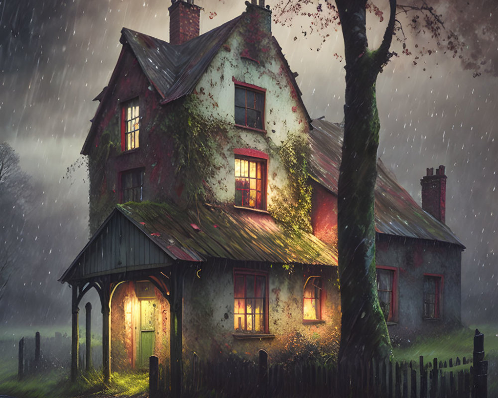 Warmly lit two-story house on rainy evening, nestled among trees