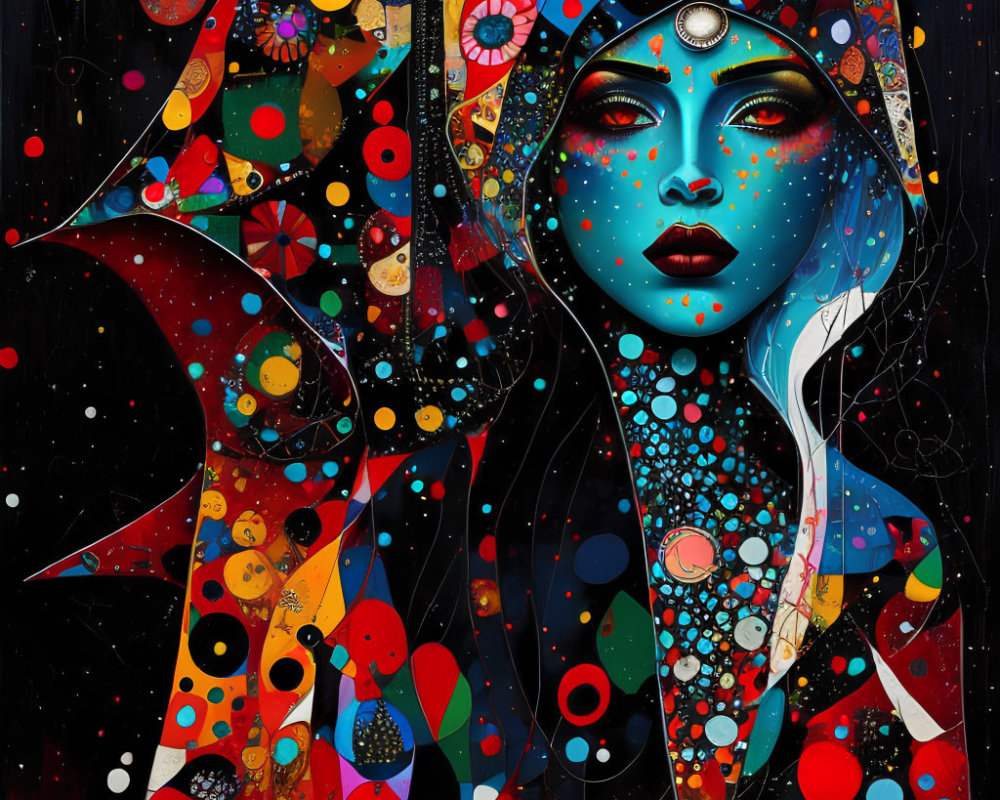 Colorful artwork featuring stylized woman with blue skin and celestial motifs