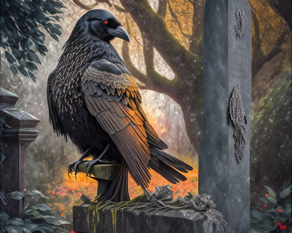 Detailed Raven Perched on Tombstone in Misty Autumn Graveyard