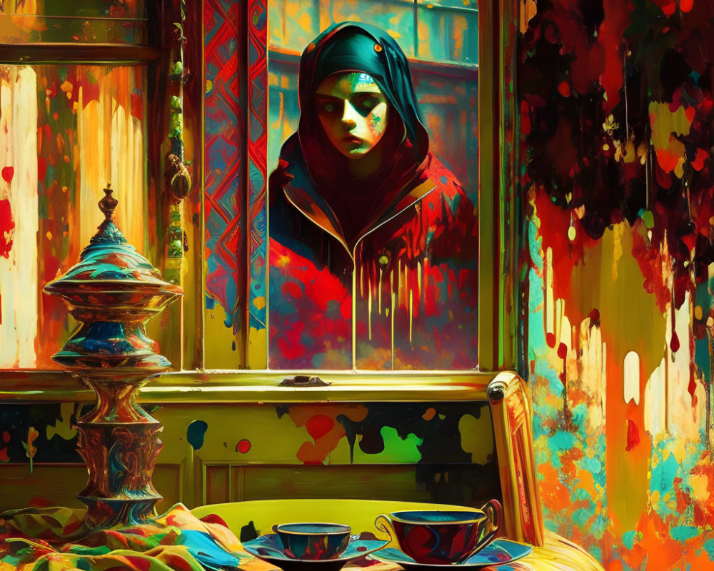 Person in red cloak by colorful window with teapot and cup amidst abstract paint splashes