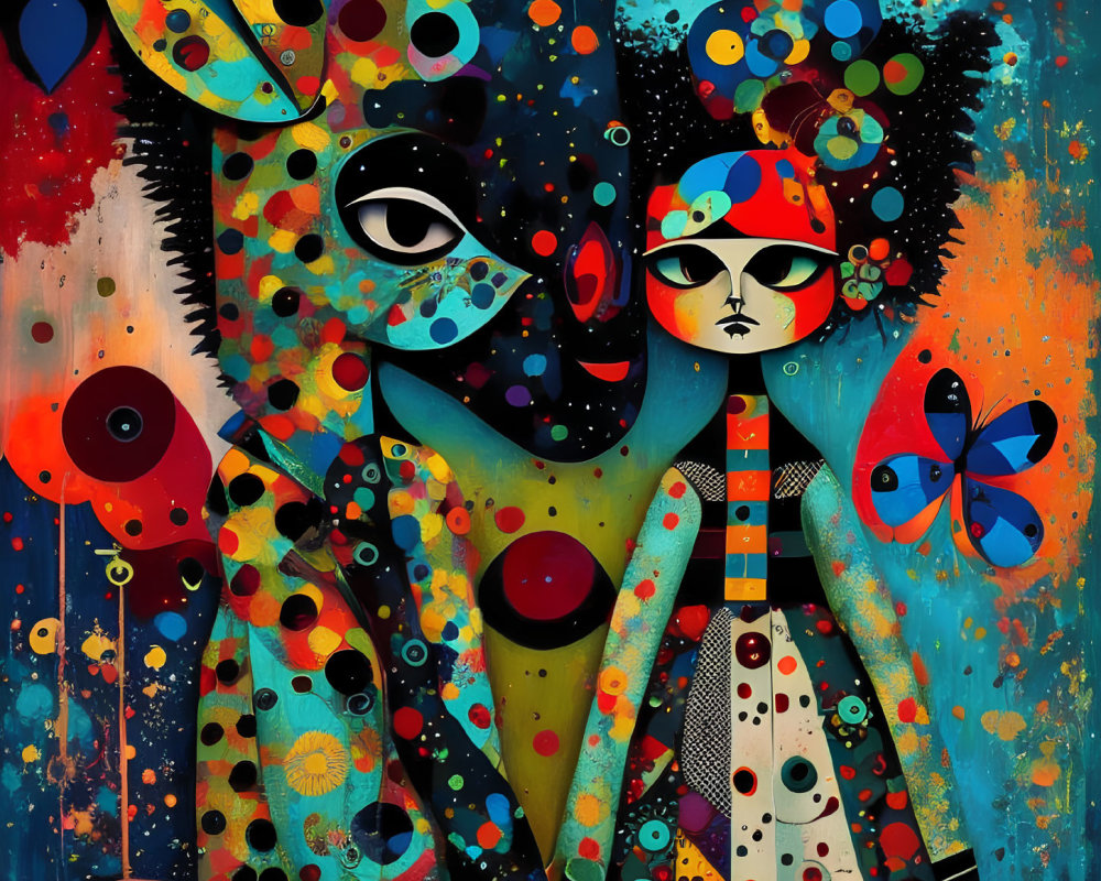 Vibrant abstract art: human figure and giraffe with whimsical patterns