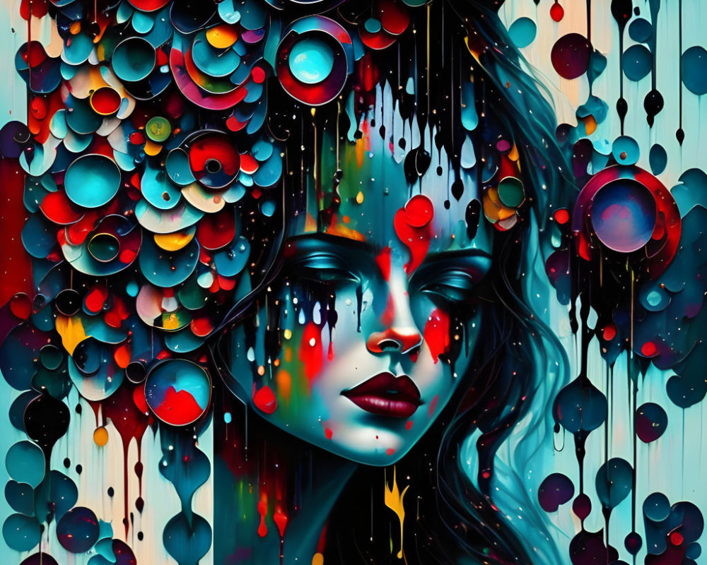 Abstract portrait of a woman with closed eyes and vibrant drips.