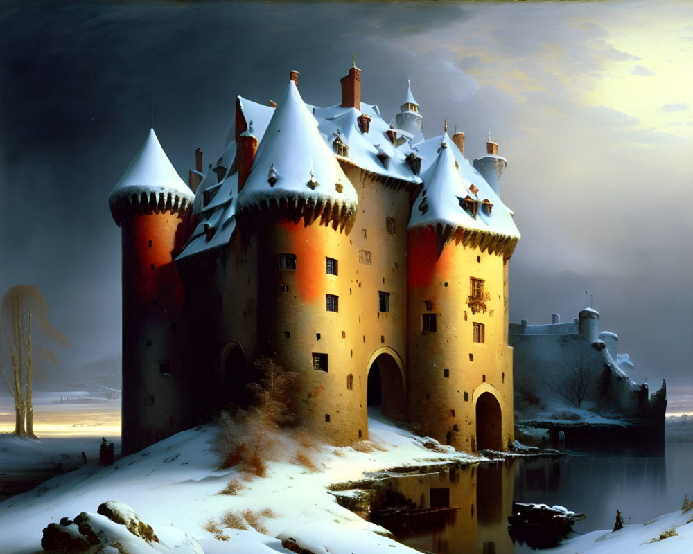 Snow-covered castle with reflecting turrets, birds flying, lone tree in snowy twilight landscape