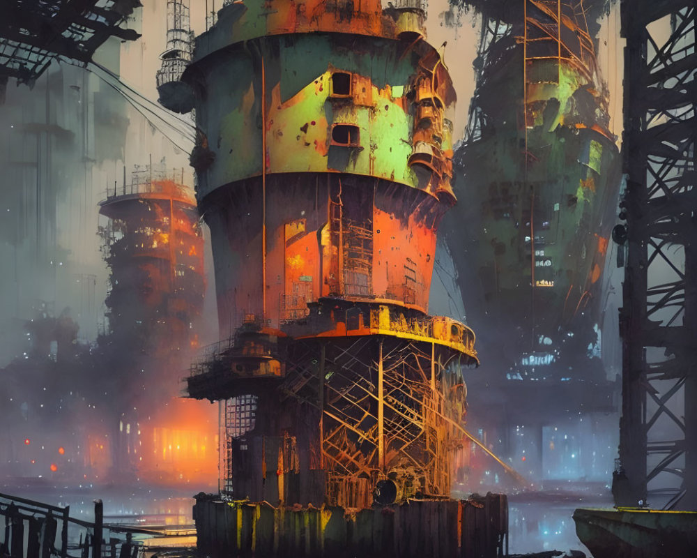 Rusting towers and ambient lights in futuristic industrial scene