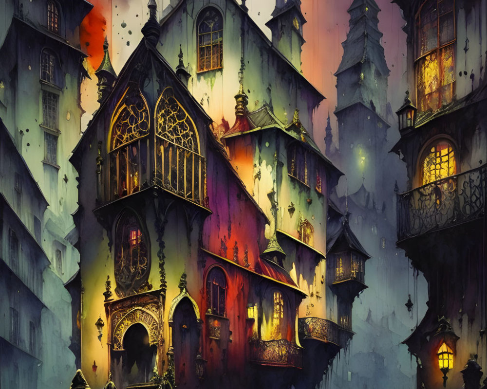 Gothic illustration of eerie houses under dusky sky