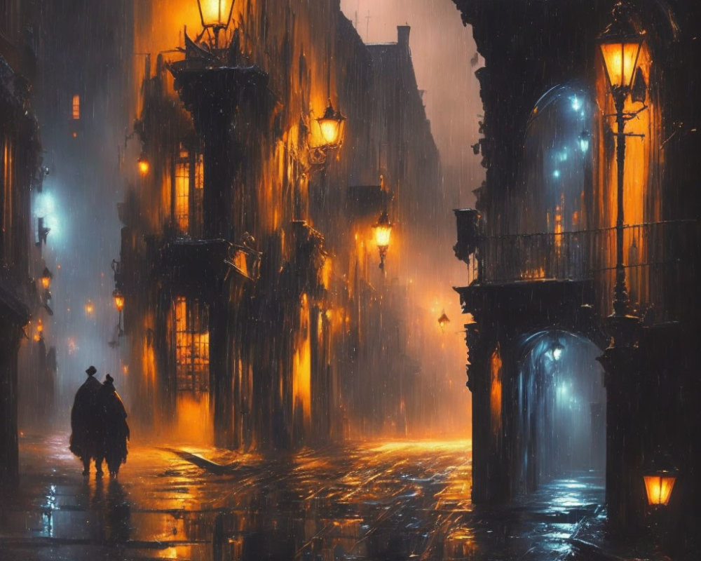 Two figures walking under an umbrella on rain-soaked, lamplit streets.