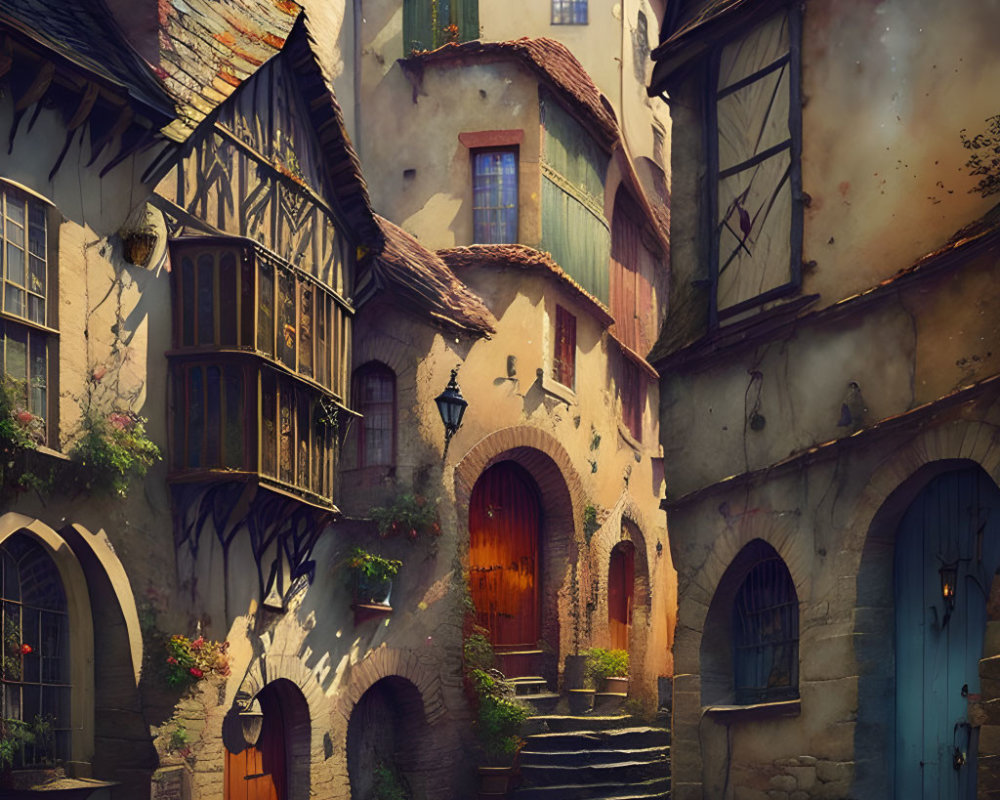 Medieval houses on cobblestone alley with colorful doors and flowering plants