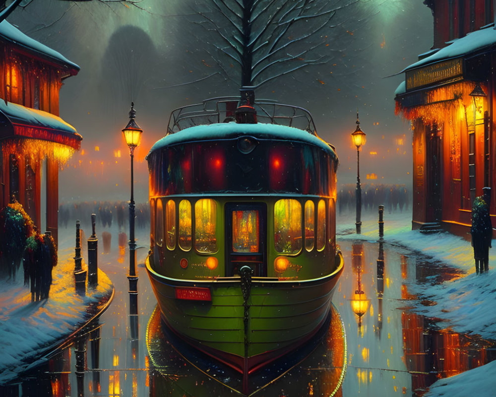 Vintage tram in snowy twilight street with warmly lit shops and silhouettes