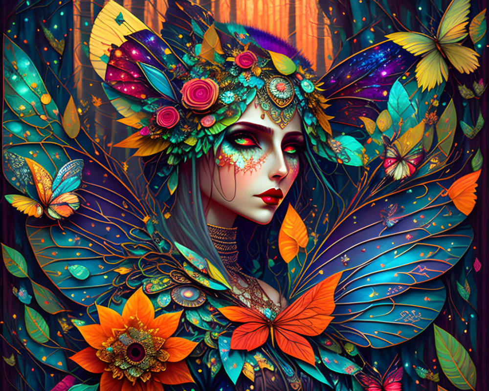 Colorful Artwork: Female Figure with Butterfly Wings and Flowers in Fantastical Forest