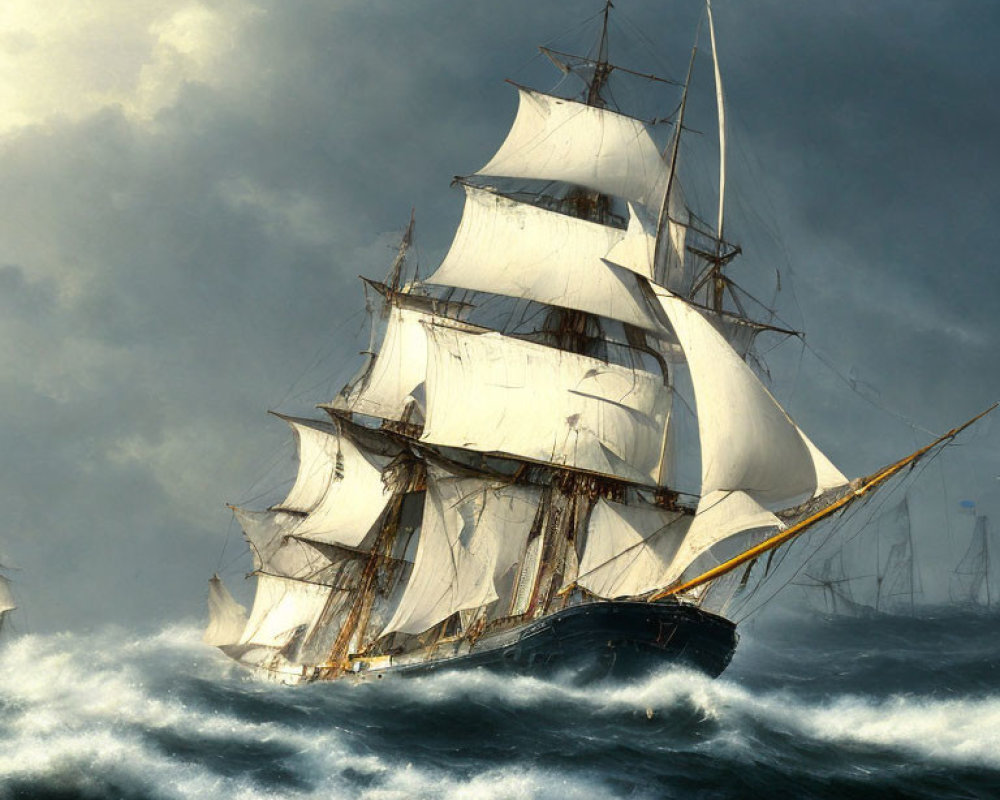 Tall Ship with Full Sails in Turbulent Seas