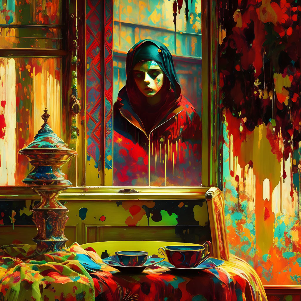 Person in red cloak by colorful window with teapot and cup amidst abstract paint splashes