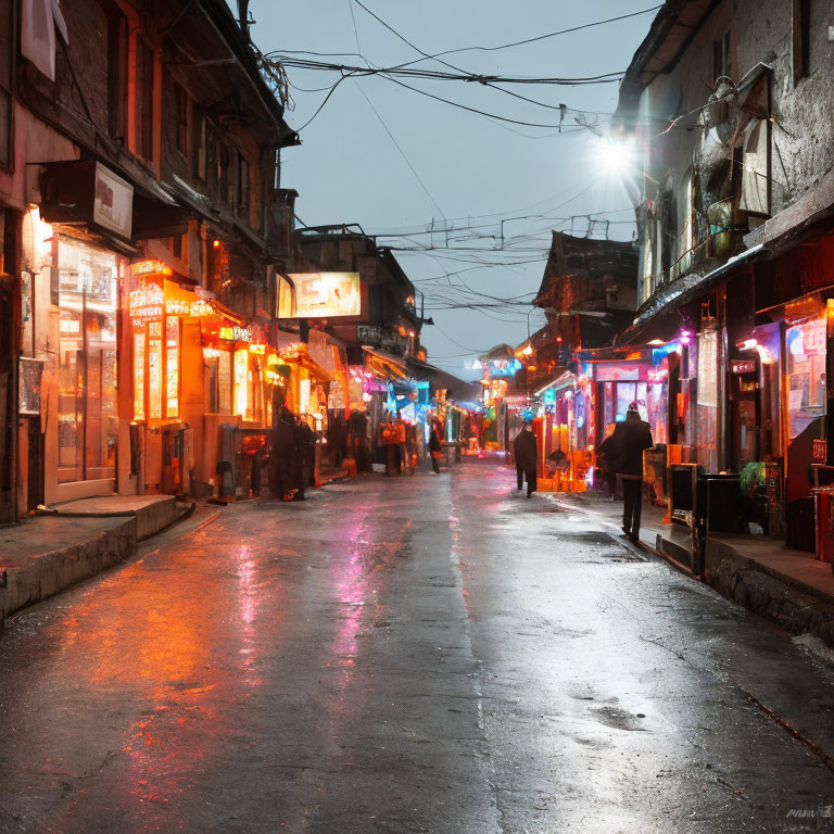 Neon-lit wet street at dusk with old storefronts and pedestrians