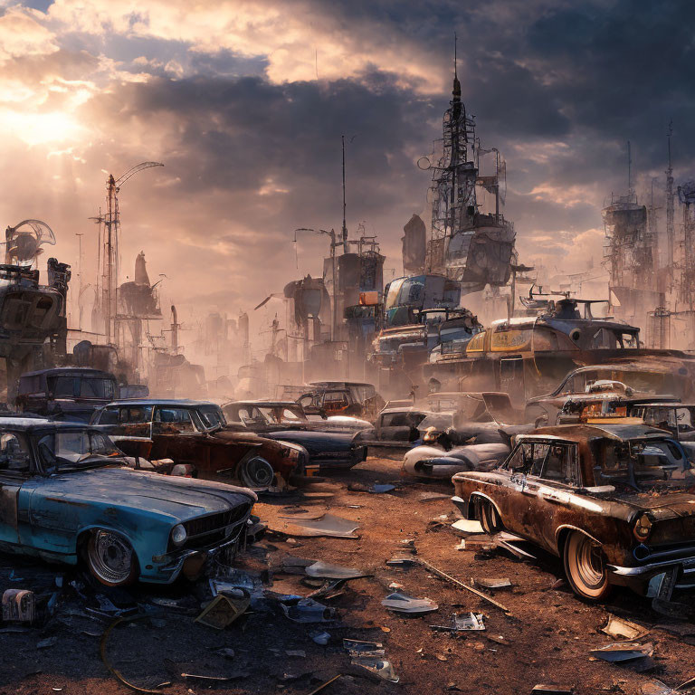 Dystopian Cityscape with Derelict Vehicles and Towering Structures