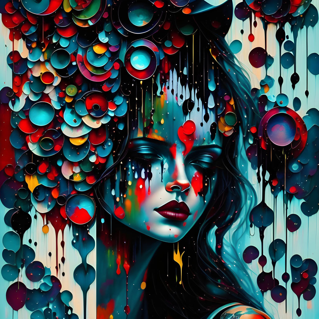 Abstract portrait of a woman with closed eyes and vibrant drips.