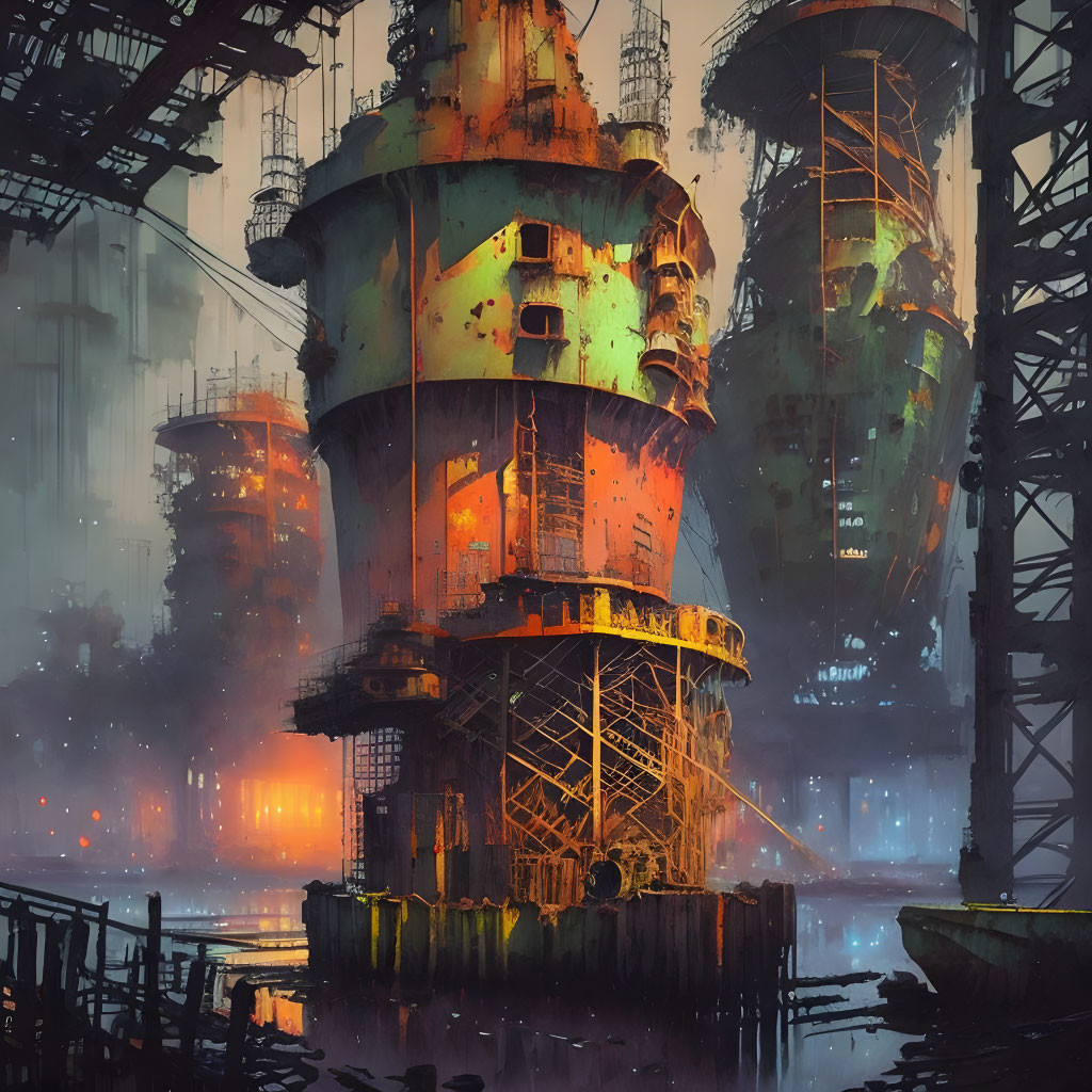 Rusting towers and ambient lights in futuristic industrial scene