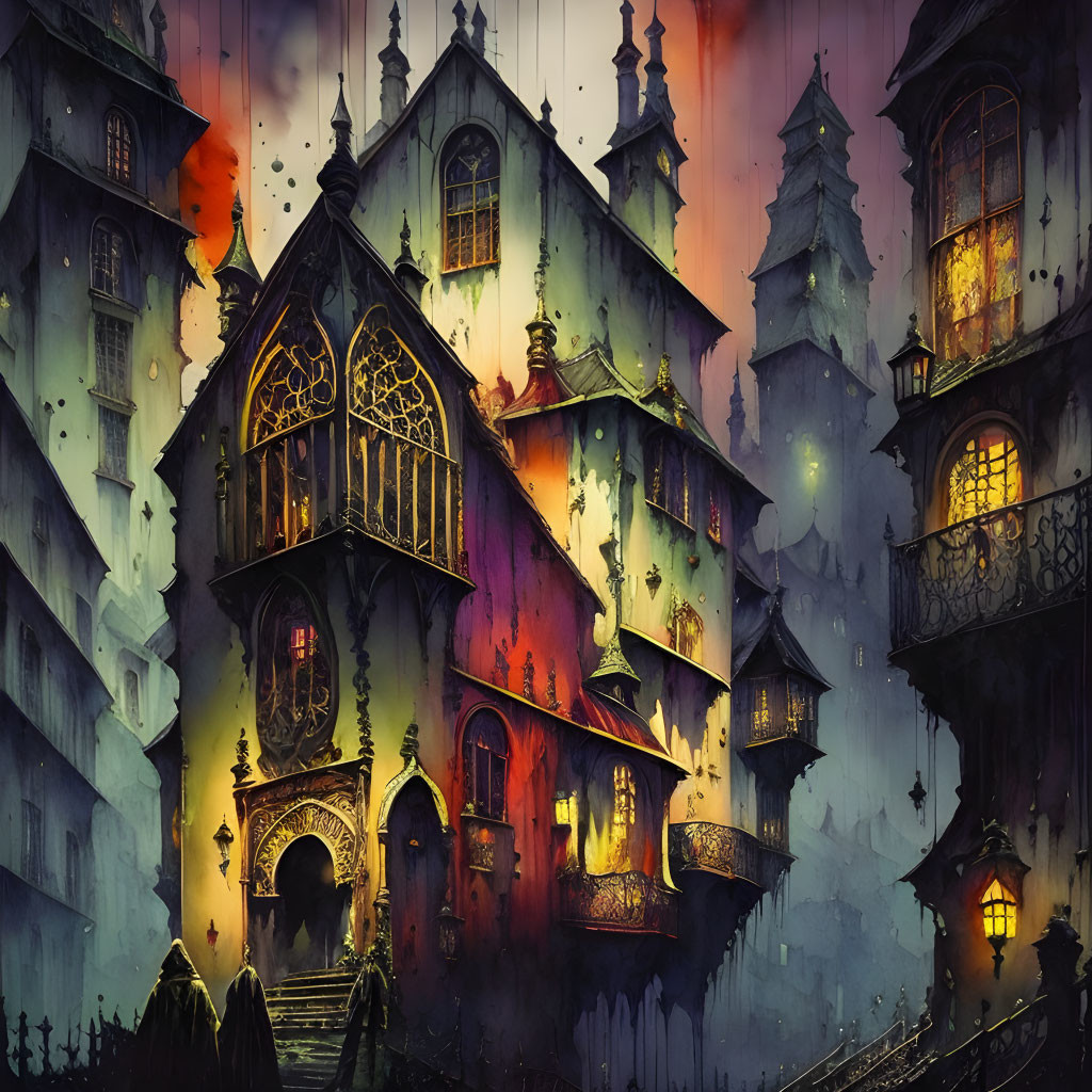 Gothic illustration of eerie houses under dusky sky