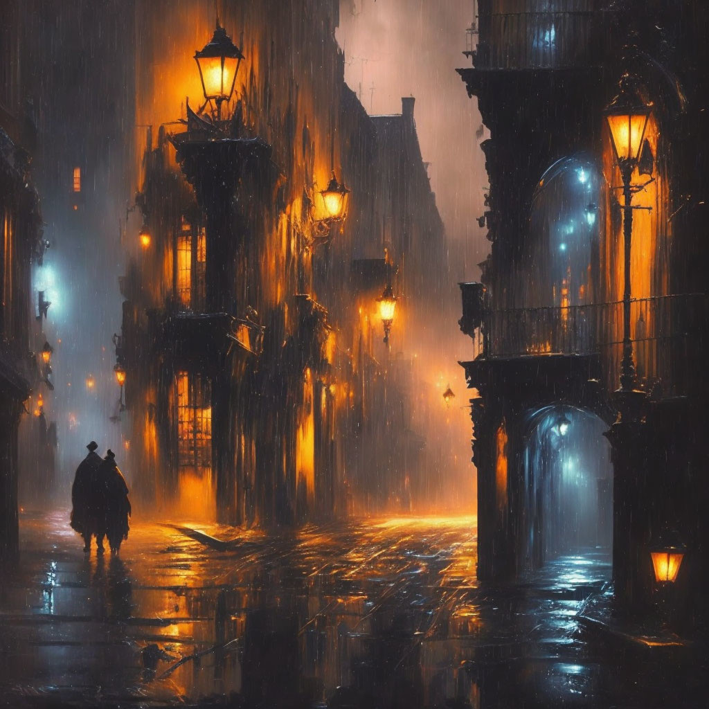 Two figures walking under an umbrella on rain-soaked, lamplit streets.