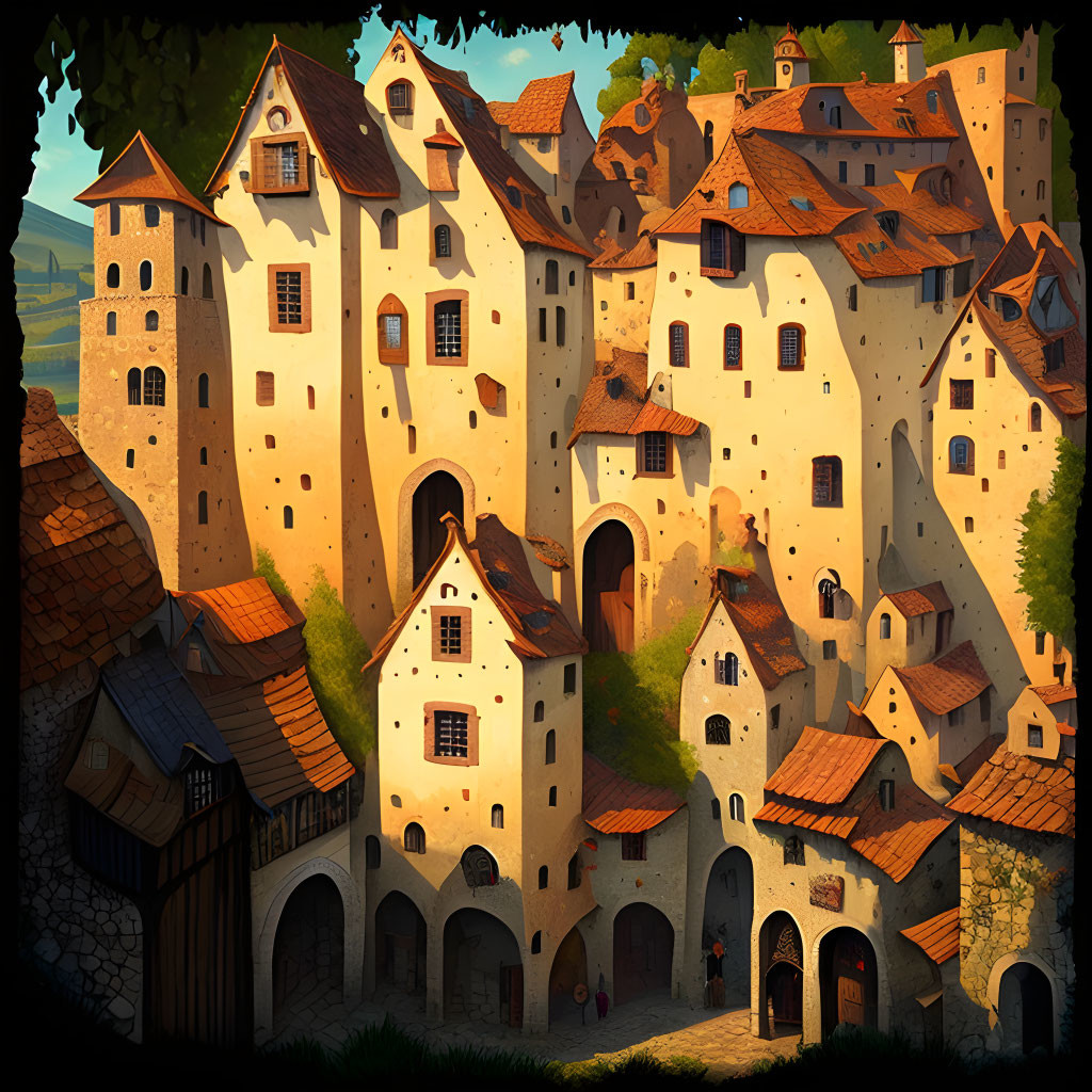 Medieval village illustration: stone houses, red-tiled roofs, hill setting.