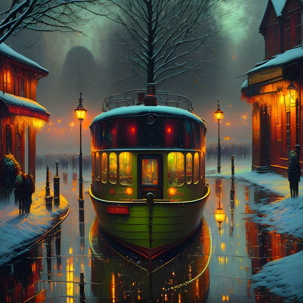 Vintage tram in snowy twilight street with warmly lit shops and silhouettes