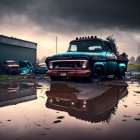 Vintage Turquoise Truck in Rusty Detail Near Puddles on Overcast Day