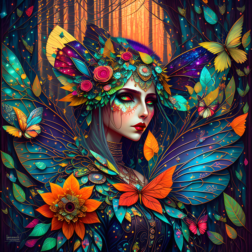 Colorful Artwork: Female Figure with Butterfly Wings and Flowers in Fantastical Forest