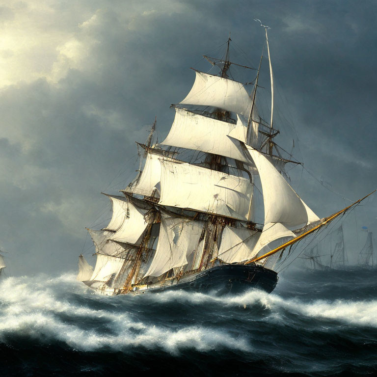 Tall Ship with Full Sails in Turbulent Seas