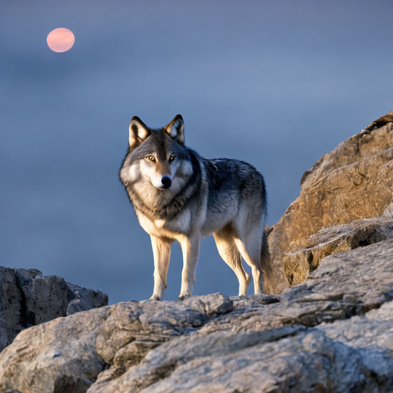 Wolf on rocky terrain under twilight sky with pale pink full moon