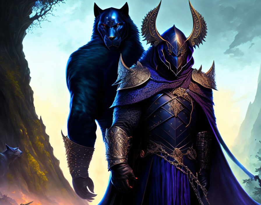 Armored knight and black panther in mystical forest.