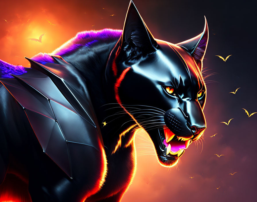 Stylized panther with glowing edges in metallic body and fiery backdrop.