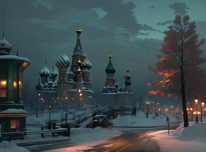 Snow-covered streets and Saint Basil's Cathedral on serene winter evening