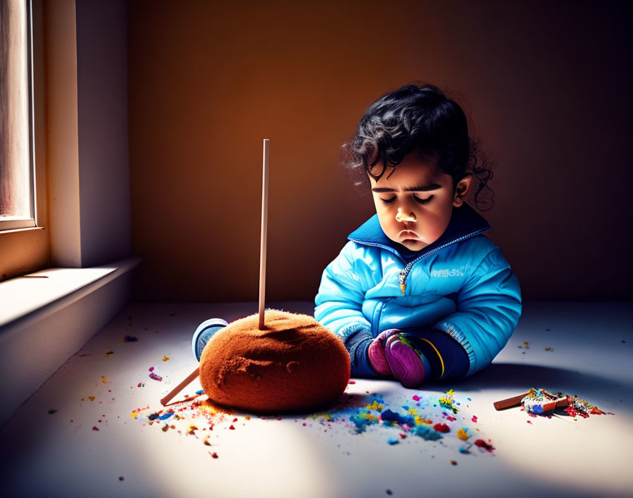 Pensive toddler with burger-shaped toy and sprinkles on table