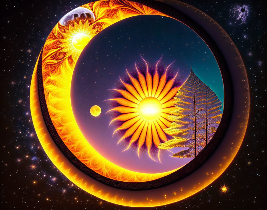 Colorful digital artwork: Crescent, circle, sun, celestial bodies, fractal patterns, starry