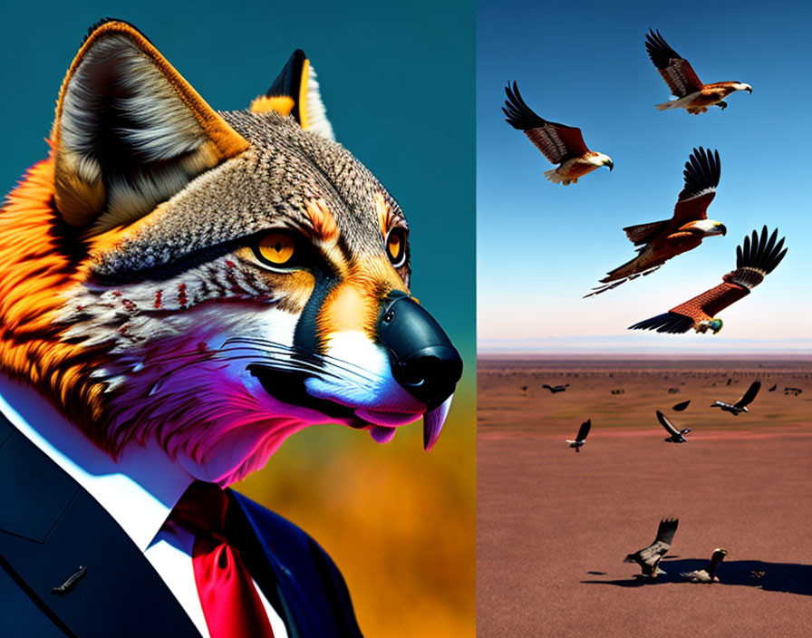 Digitally created image: Fox in suit on left, eagles over desert on right