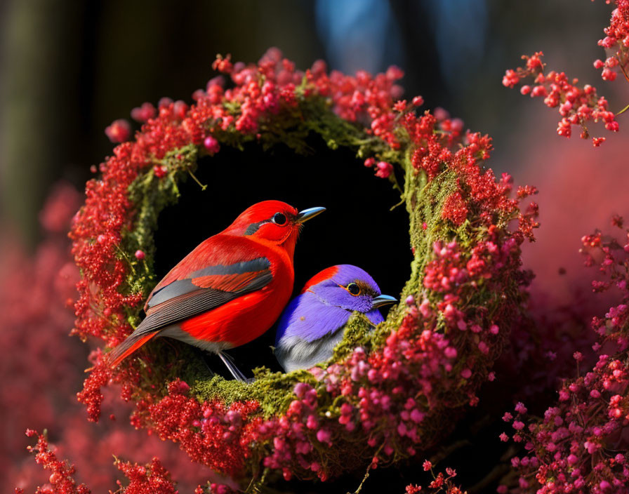 Vibrant red and blue birds in circular opening with red blossoms