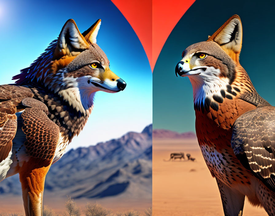 Stylized anthropomorphic foxes in desert landscape with red heart symbol.