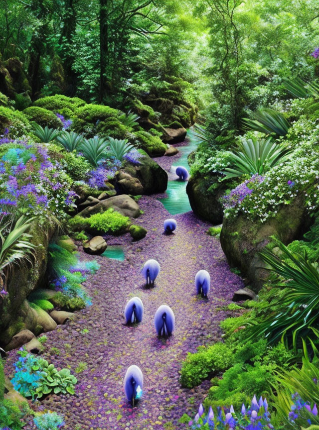 Vibrant forest scene with purple flowers, stream, and fantastical blue creatures