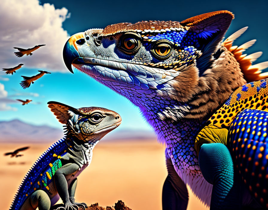 Colorful Digital Art: Detailed Fantasy Lizards in Desert with Birds