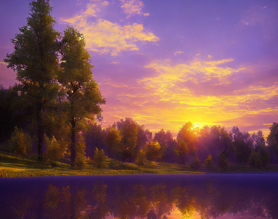 Tranquil Sunrise Scene: Purple and Orange Skies Reflecting on Calm Lake