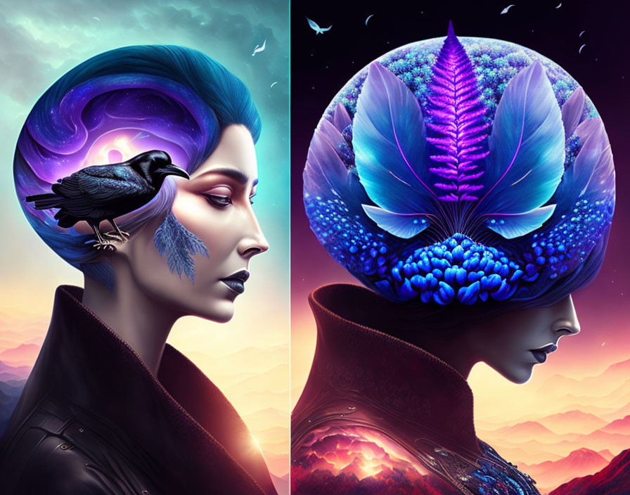 Stylized female profiles with raven and cosmos headdress, blue-feathered mask, against