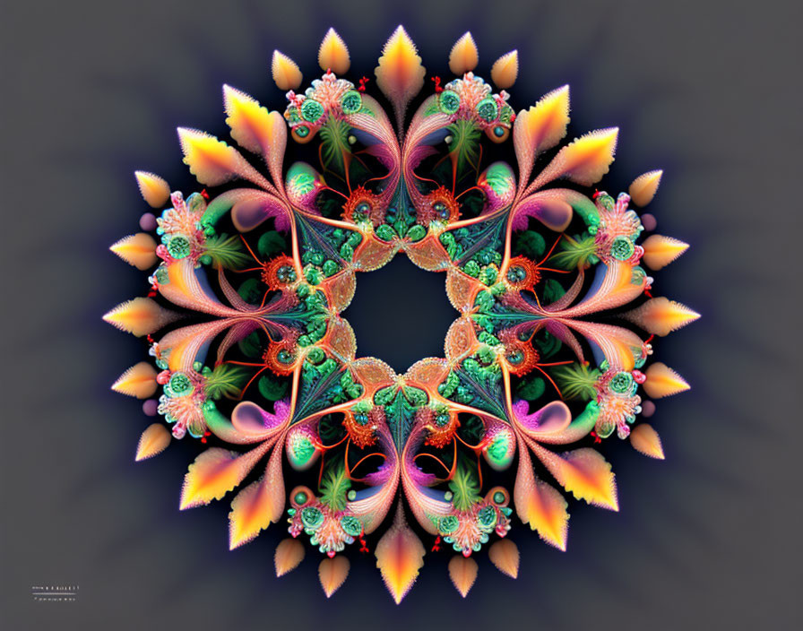 Symmetrical flower-like fractal with vibrant pink, orange, green, and purple hues